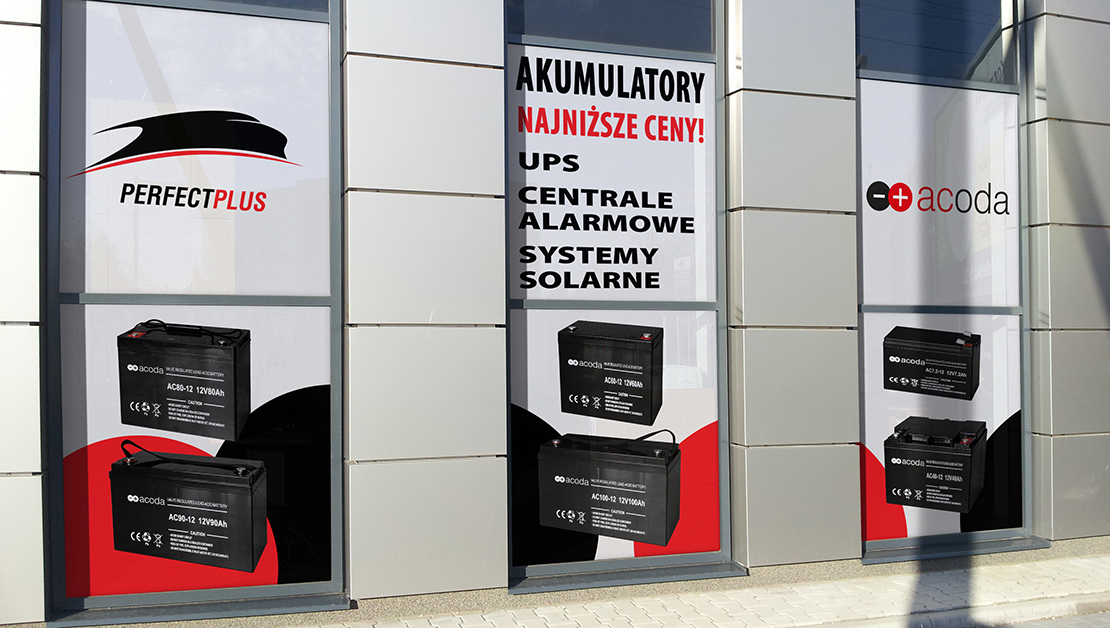 Oklejenie szyb folią z nadrukiem reklamowym Perfect Plus i Acoda